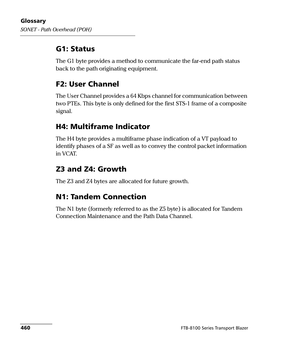 G1: status, F2: user channel, H4: multiframe indicator | Z3 and z4: growth, N1: tandem connection | EXFO FTB-8100 Series Transport Blazer for FTB-200 User Manual | Page 472 / 518