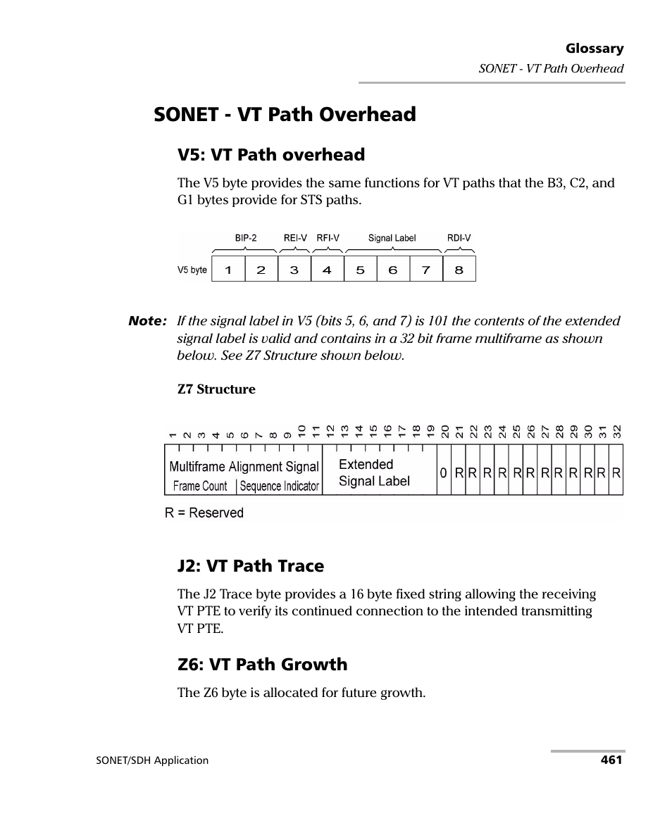 Sonet - vt path overhead, V5: vt path overhead, J2: vt path trace | Z6: vt path growth | EXFO FTB-8100 Series Transport Blazer for FTB-200 User Manual | Page 473 / 518