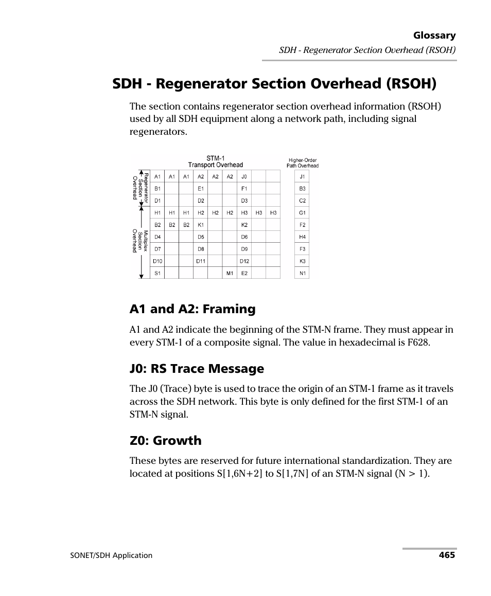 Sdh - regenerator section overhead (rsoh), A1 and a2: framing, J0: rs trace message | Z0: growth | EXFO FTB-8100 Series Transport Blazer for FTB-200 User Manual | Page 477 / 518