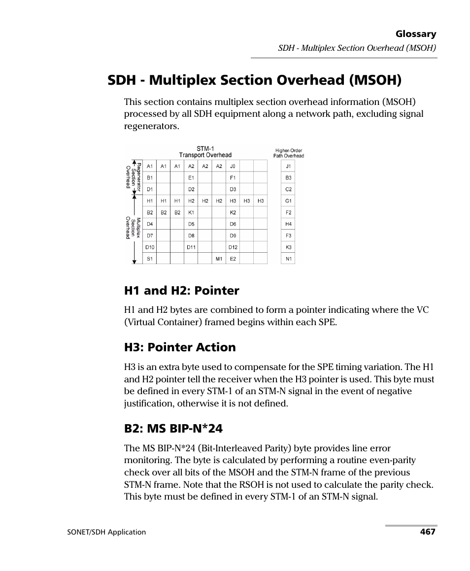 Sdh - multiplex section overhead (msoh), H1 and h2: pointer, H3: pointer action | B2: ms bip-n*24 | EXFO FTB-8100 Series Transport Blazer for FTB-200 User Manual | Page 479 / 518