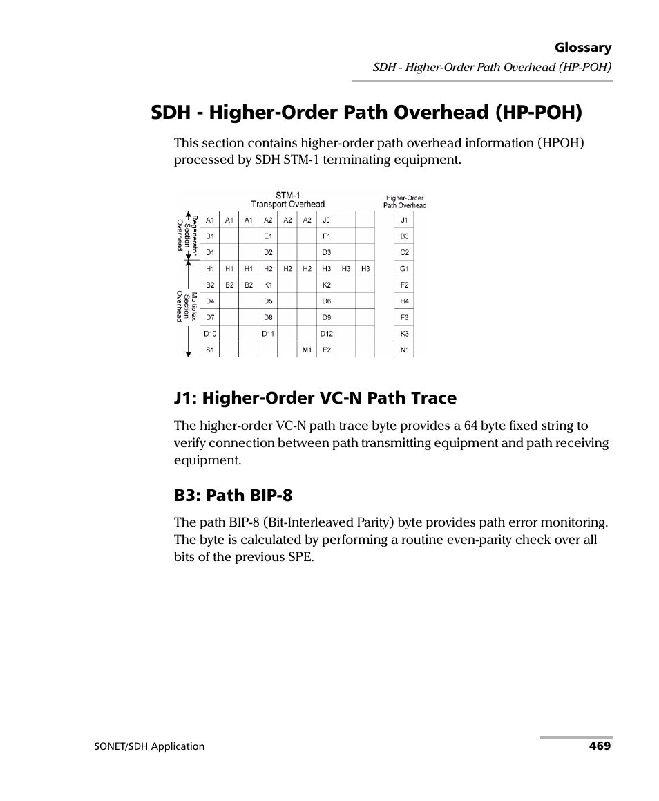 Sdh - higher-order path overhead (hp-poh), J1: higher-order vc-n path trace, B3: path bip-8 | EXFO FTB-8100 Series Transport Blazer for FTB-200 User Manual | Page 481 / 518
