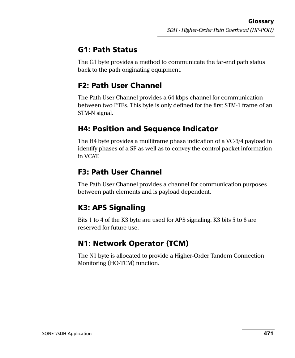 G1: path status, F2: path user channel, H4: position and sequence indicator | F3: path user channel, K3: aps signaling, N1: network operator (tcm) | EXFO FTB-8100 Series Transport Blazer for FTB-200 User Manual | Page 483 / 518