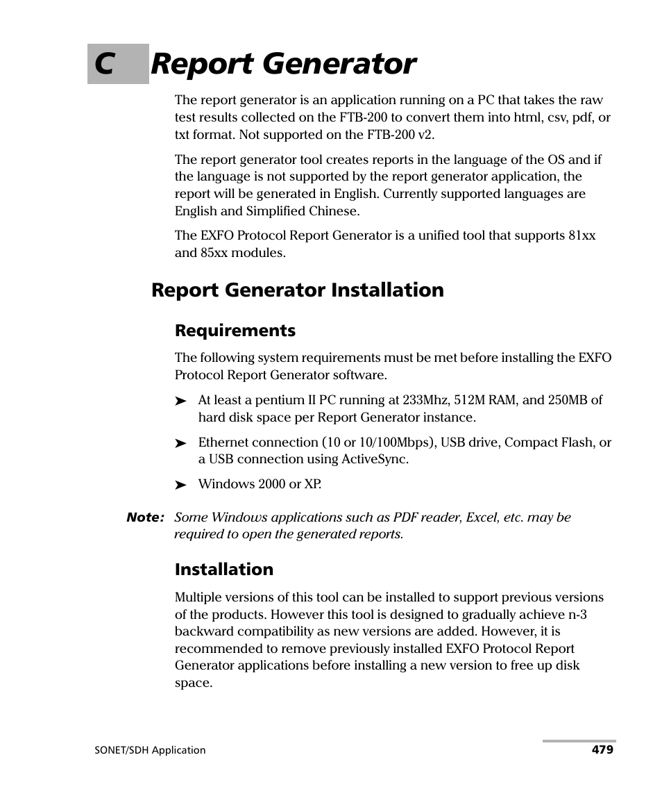 C report generator, Report generator installation, Requirements | Installation | EXFO FTB-8100 Series Transport Blazer for FTB-200 User Manual | Page 491 / 518