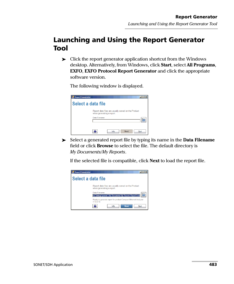 Launching and using the report generator tool | EXFO FTB-8100 Series Transport Blazer for FTB-200 User Manual | Page 495 / 518