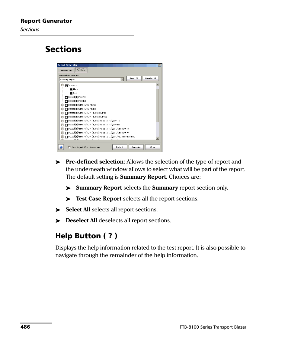 Sections, Help button ( ? ) | EXFO FTB-8100 Series Transport Blazer for FTB-200 User Manual | Page 498 / 518