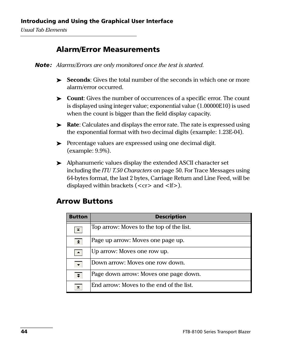 Alarm/error measurements, Arrow buttons | EXFO FTB-8100 Series Transport Blazer for FTB-200 User Manual | Page 56 / 518