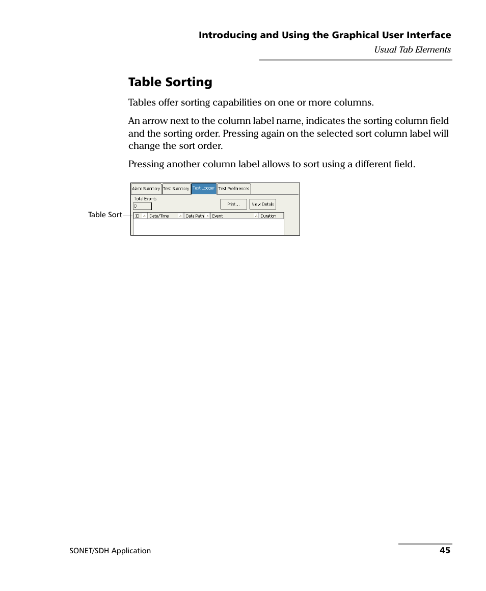 Table sorting | EXFO FTB-8100 Series Transport Blazer for FTB-200 User Manual | Page 57 / 518