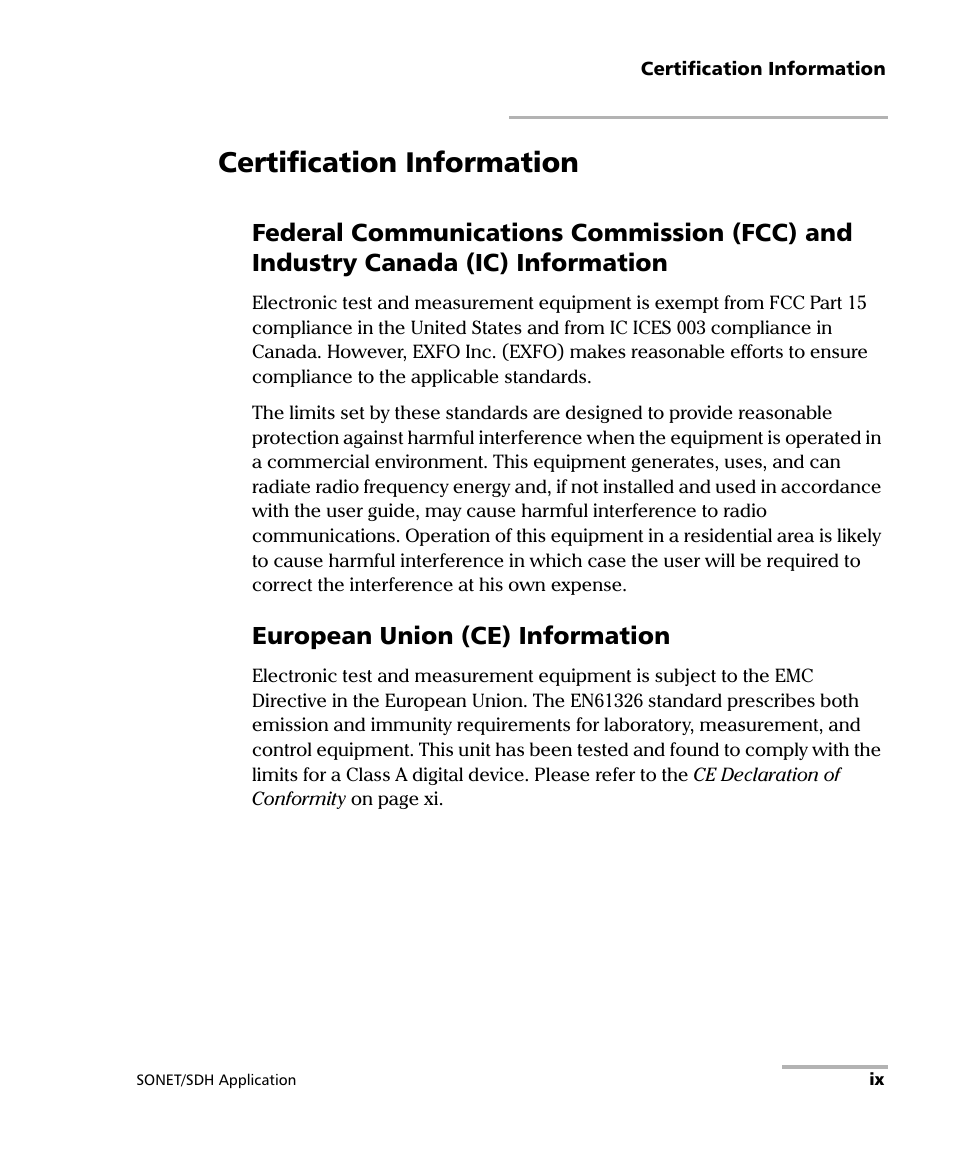 Certification information, European union (ce) information | EXFO FTB-8100 Series Transport Blazer for FTB-200 User Manual | Page 9 / 518