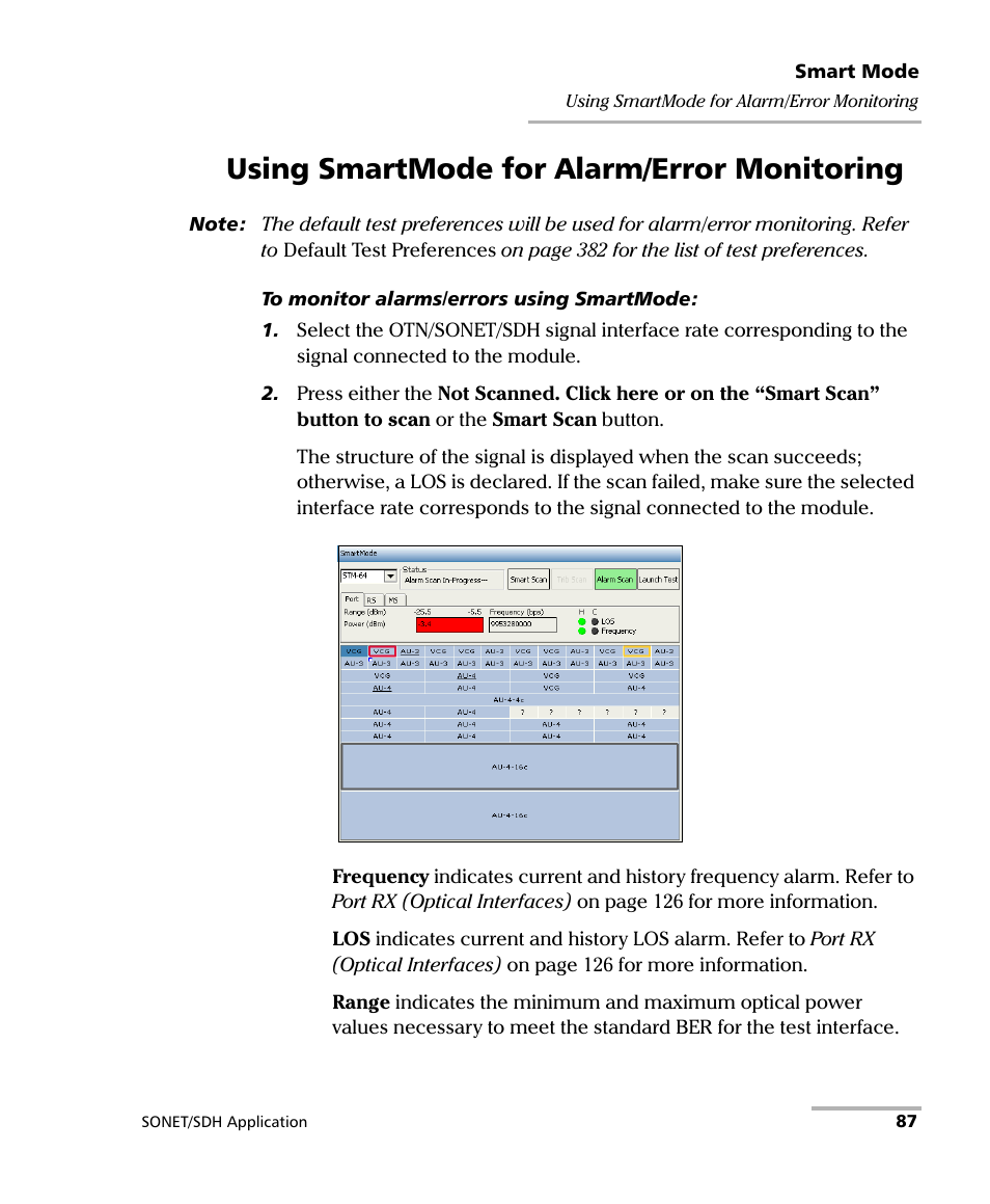 Using smartmode for alarm/error monitoring | EXFO FTB-8100 Series Transport Blazer for FTB-200 User Manual | Page 99 / 518