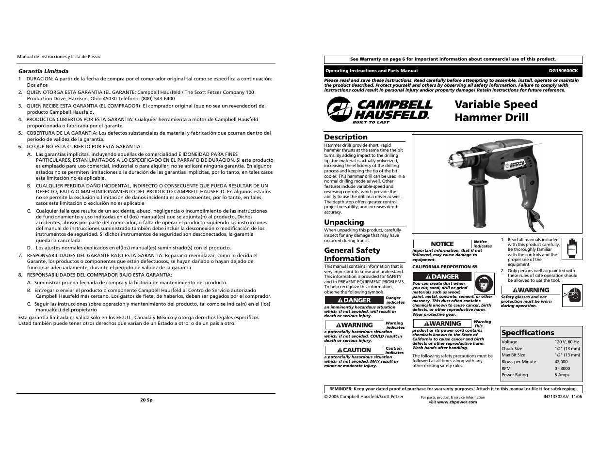 Campbell Hausfeld DG190600CK S User Manual | 10 pages