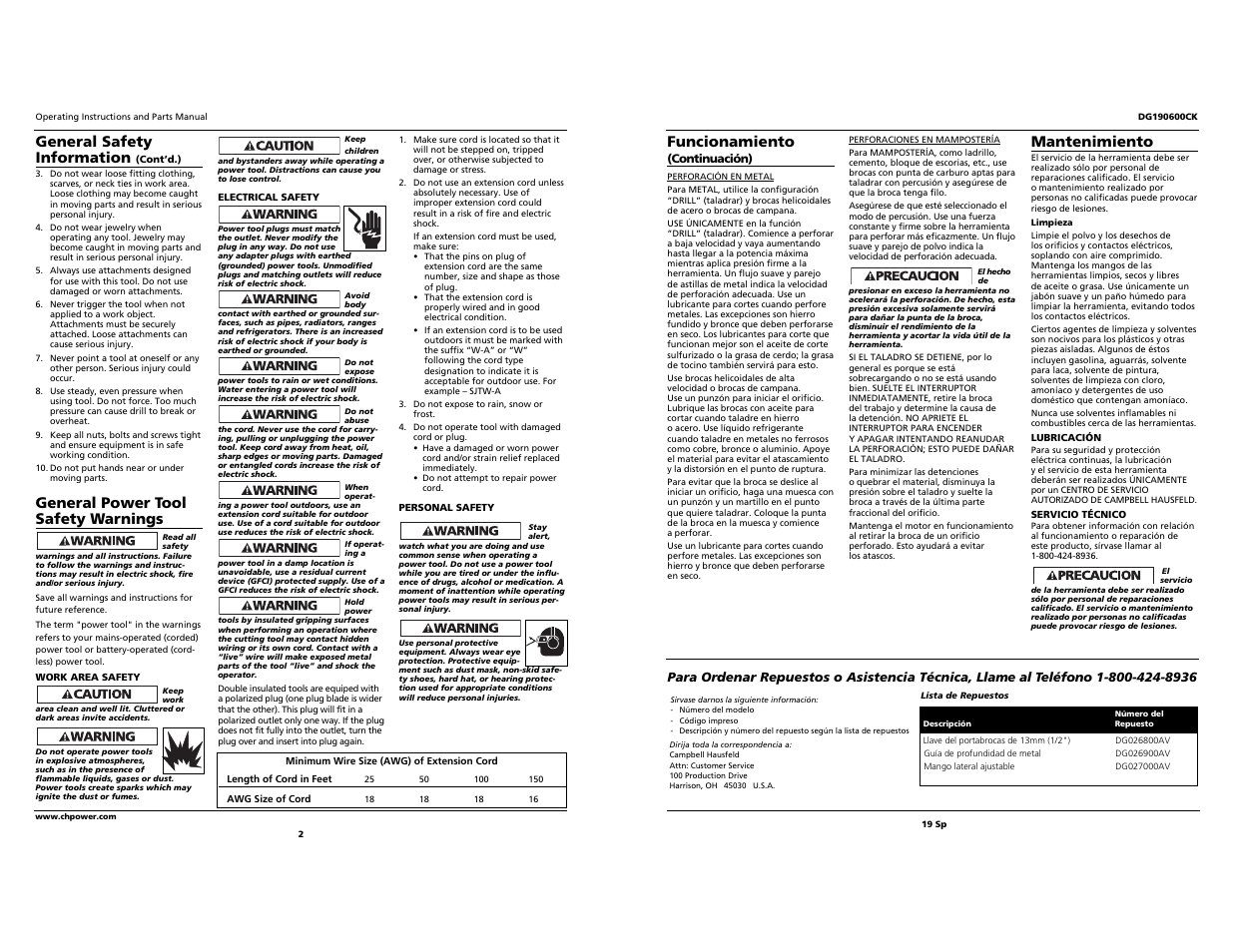 Funcionamiento, Mantenimiento, General safety information | General power tool safety warnings | Campbell Hausfeld DG190600CK S User Manual | Page 2 / 10