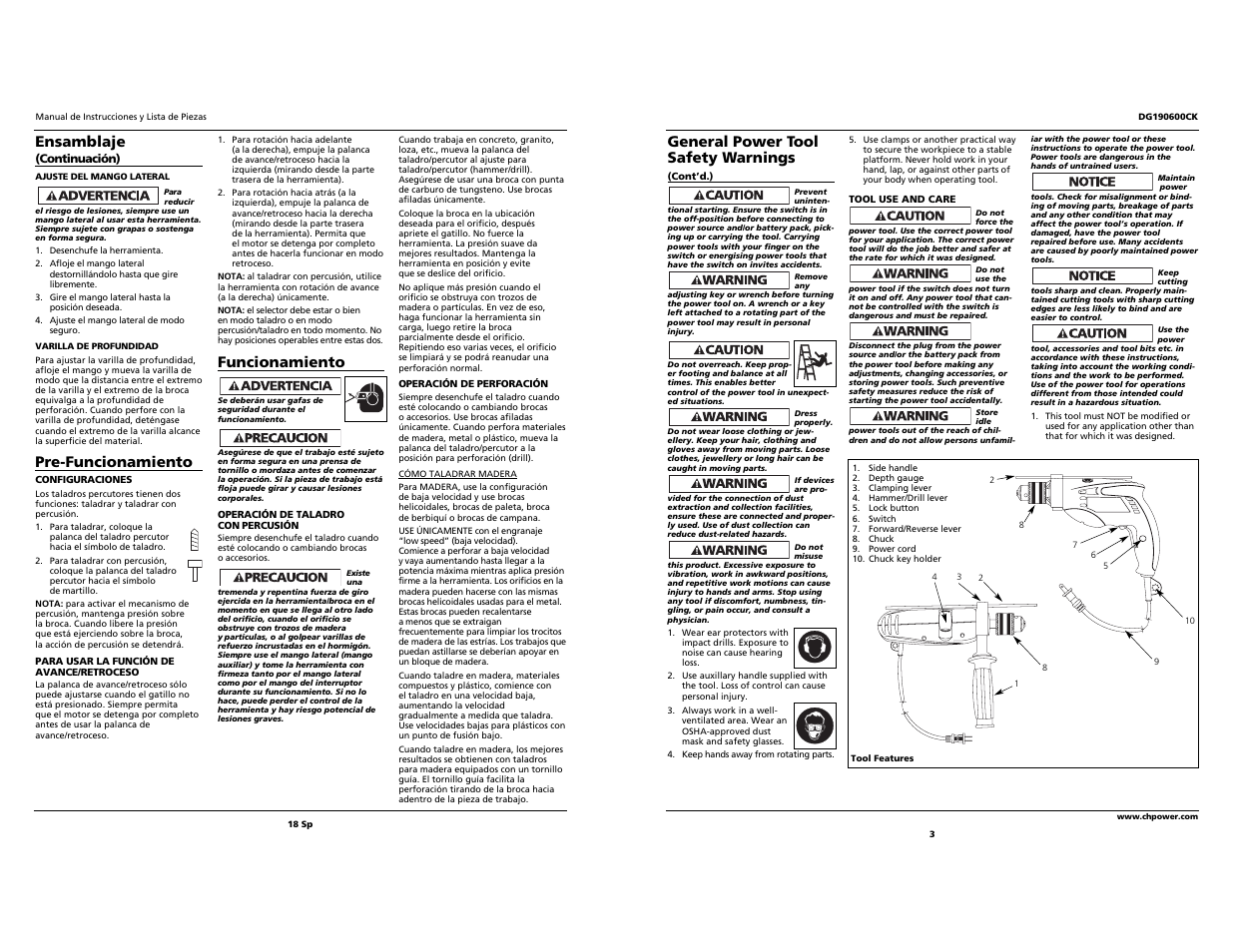 Ensamblaje, Pre-funcionamiento, Funcionamiento | General power tool safety warnings | Campbell Hausfeld DG190600CK S User Manual | Page 3 / 10