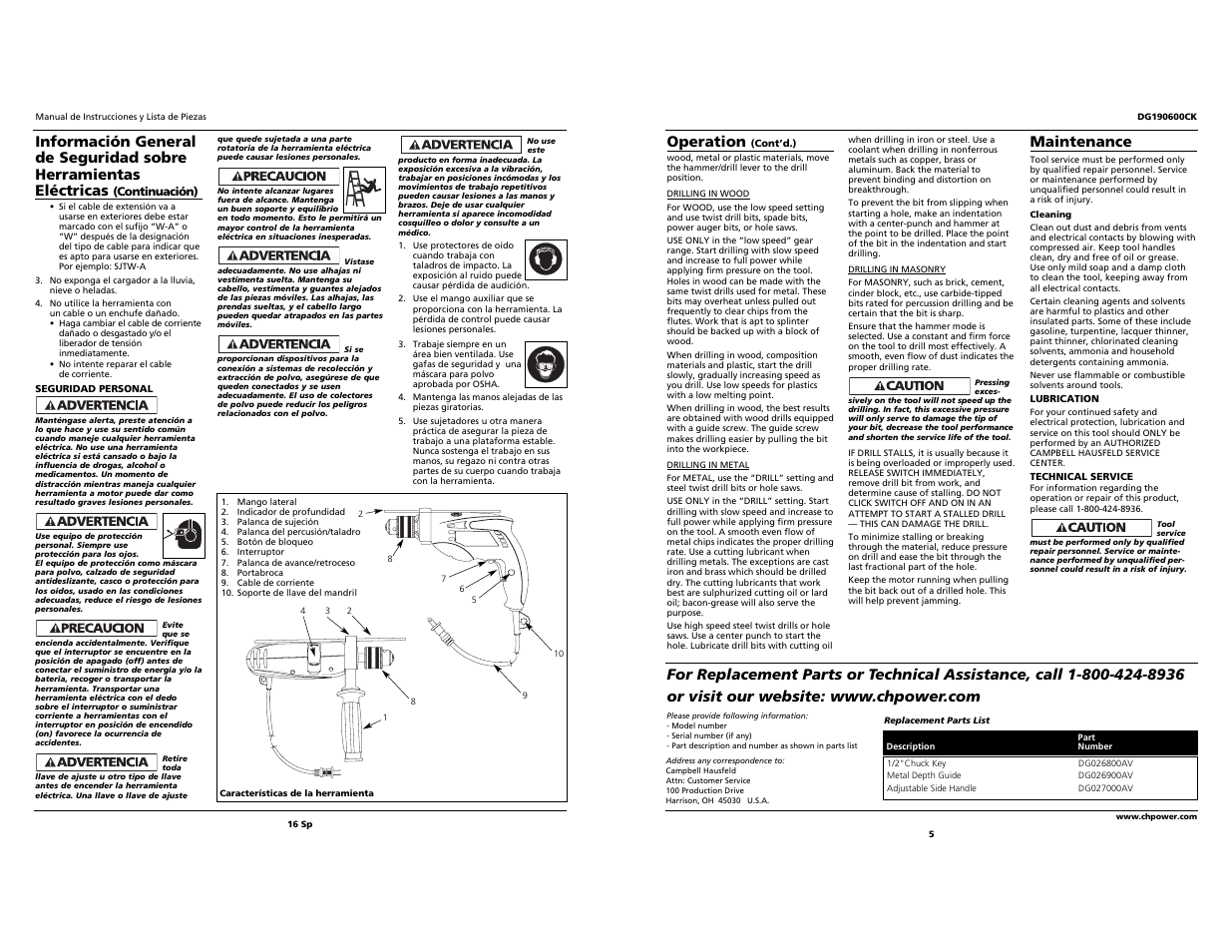 Operation, Maintenance | Campbell Hausfeld DG190600CK S User Manual | Page 5 / 10