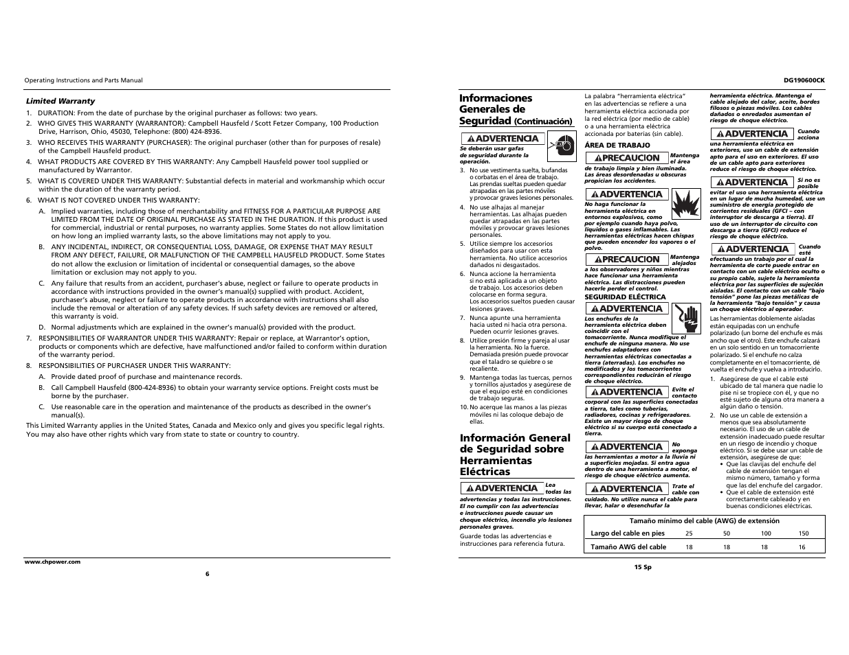 Informaciones generales de seguridad | Campbell Hausfeld DG190600CK S User Manual | Page 6 / 10