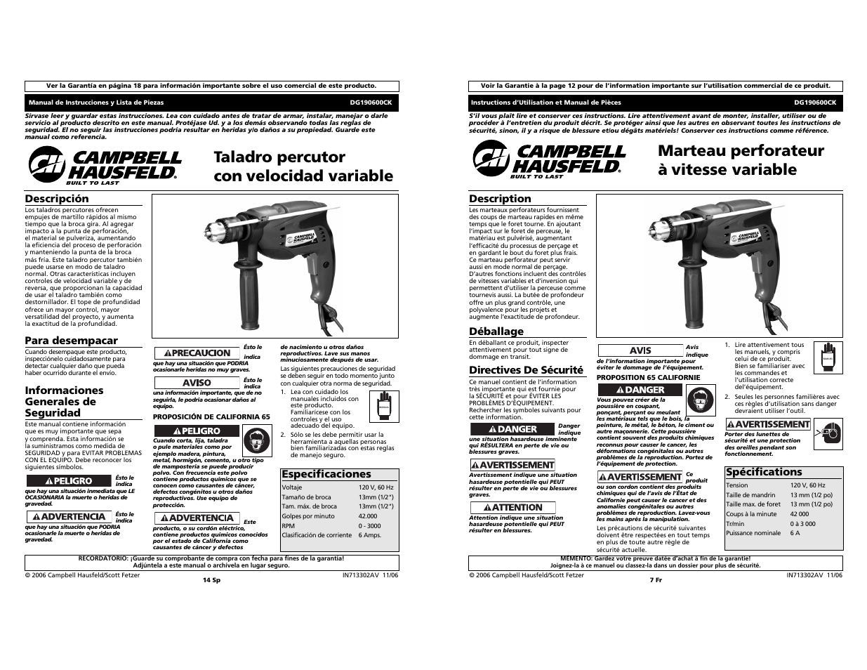 Taladro percutor con velocidad variable, Marteau perforateur à vitesse variable, Descripción | Para desempacar, Informaciones generales de seguridad, Especificaciones, Description, Déballage, Directives de sécurité, Spécifications | Campbell Hausfeld DG190600CK S User Manual | Page 7 / 10