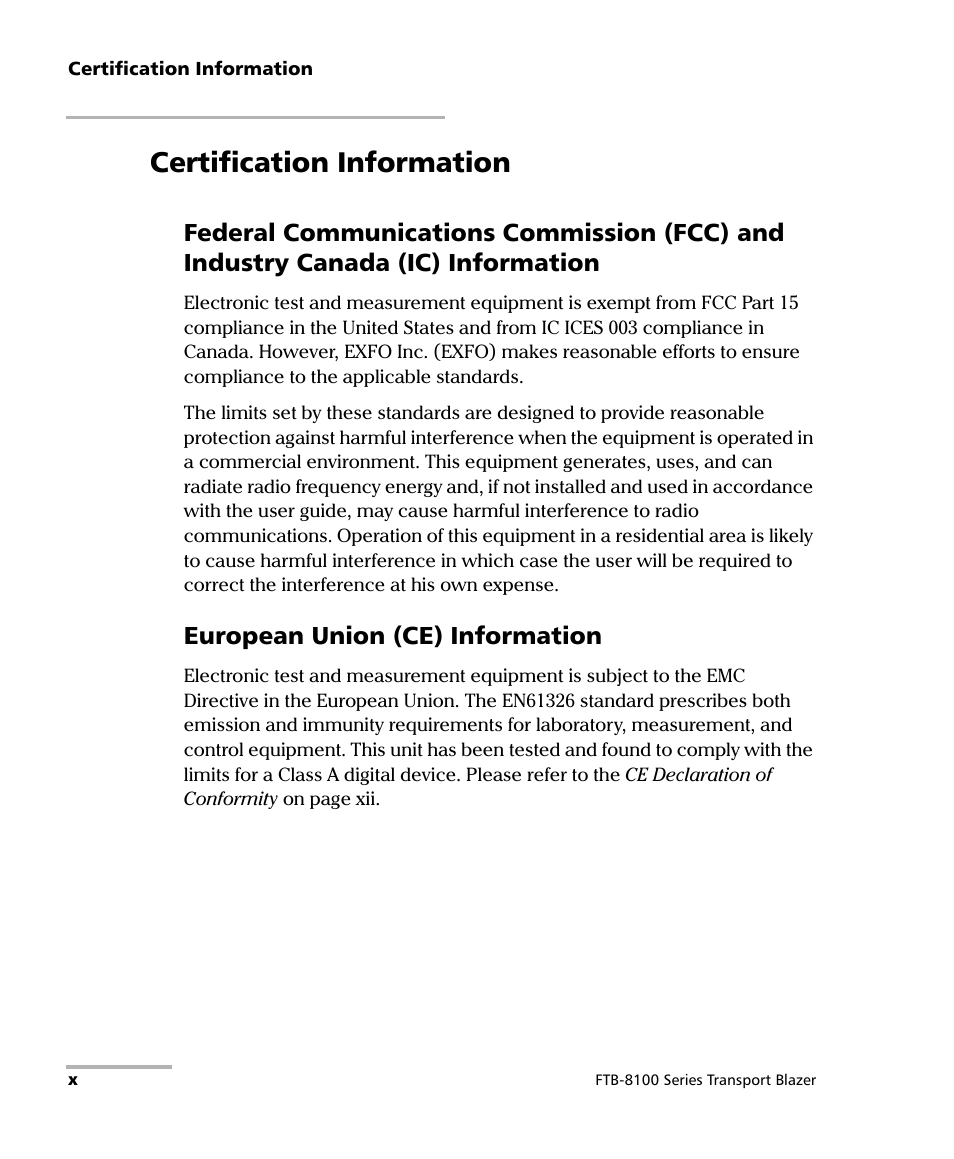 Certification information, European union (ce) information | EXFO FTB-8100 Series Transport Blazer for FTB-500 User Manual | Page 10 / 719
