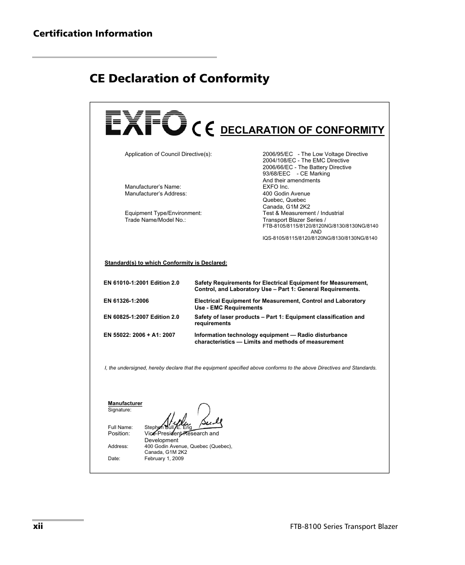 Ce declaration of conformity, Declaration of conformity, Certification information | EXFO FTB-8100 Series Transport Blazer for FTB-500 User Manual | Page 12 / 719