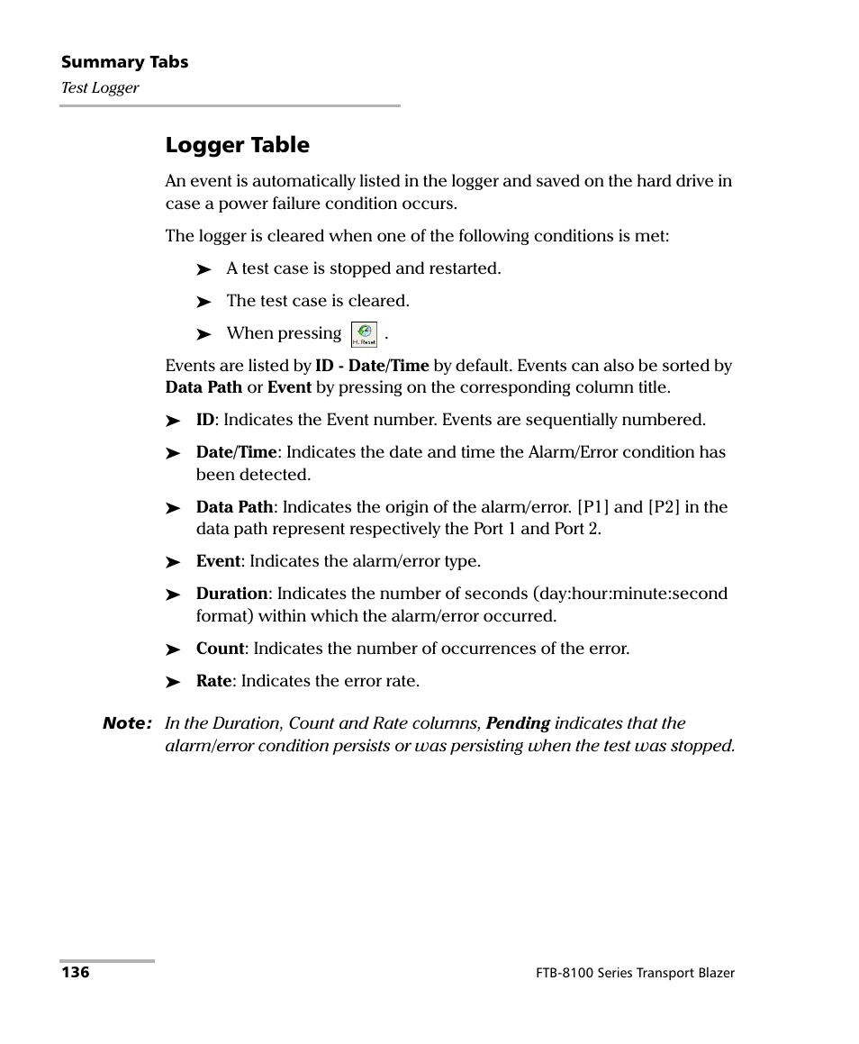 Logger table | EXFO FTB-8100 Series Transport Blazer for FTB-500 User Manual | Page 150 / 719