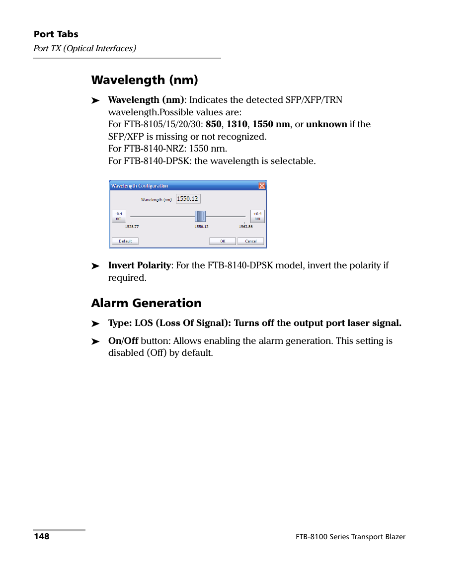 Wavelength (nm), Alarm generation | EXFO FTB-8100 Series Transport Blazer for FTB-500 User Manual | Page 162 / 719