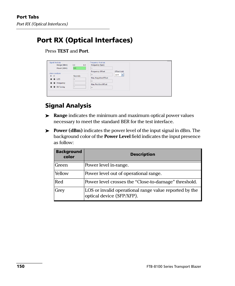 Port rx (optical interfaces), Signal analysis | EXFO FTB-8100 Series Transport Blazer for FTB-500 User Manual | Page 164 / 719