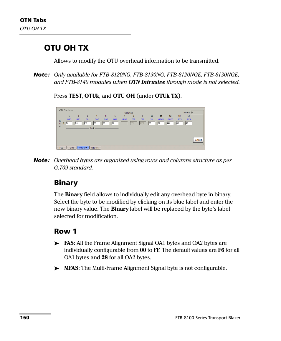 Otu oh tx, Binary, Row 1 | EXFO FTB-8100 Series Transport Blazer for FTB-500 User Manual | Page 174 / 719