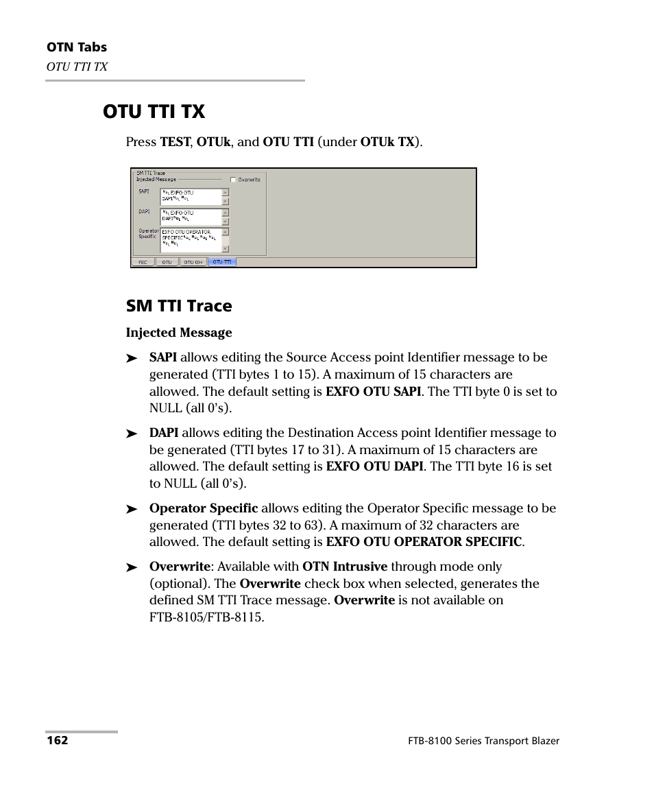 Otu tti tx, Sm tti trace | EXFO FTB-8100 Series Transport Blazer for FTB-500 User Manual | Page 176 / 719