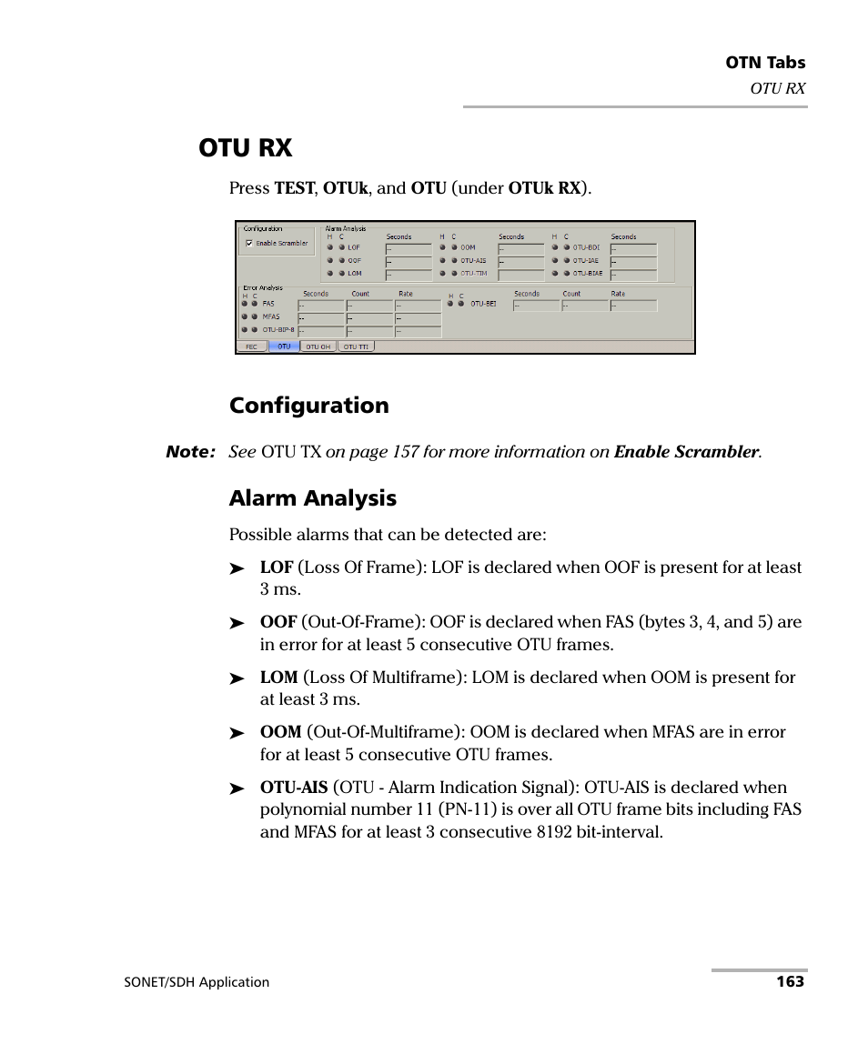 Otu rx, Configuration, Alarm analysis | EXFO FTB-8100 Series Transport Blazer for FTB-500 User Manual | Page 177 / 719