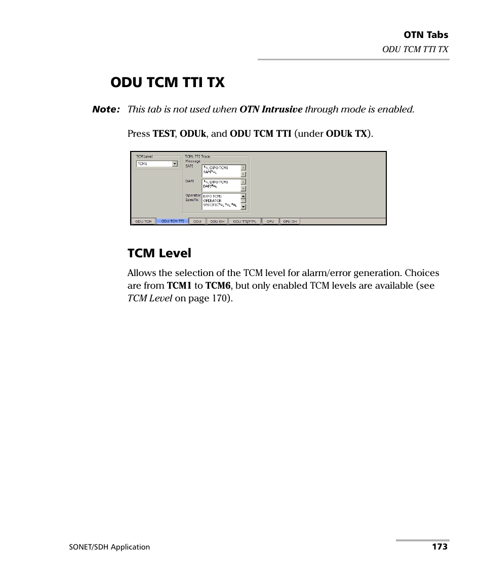 Odu tcm tti tx, Tcm level | EXFO FTB-8100 Series Transport Blazer for FTB-500 User Manual | Page 187 / 719