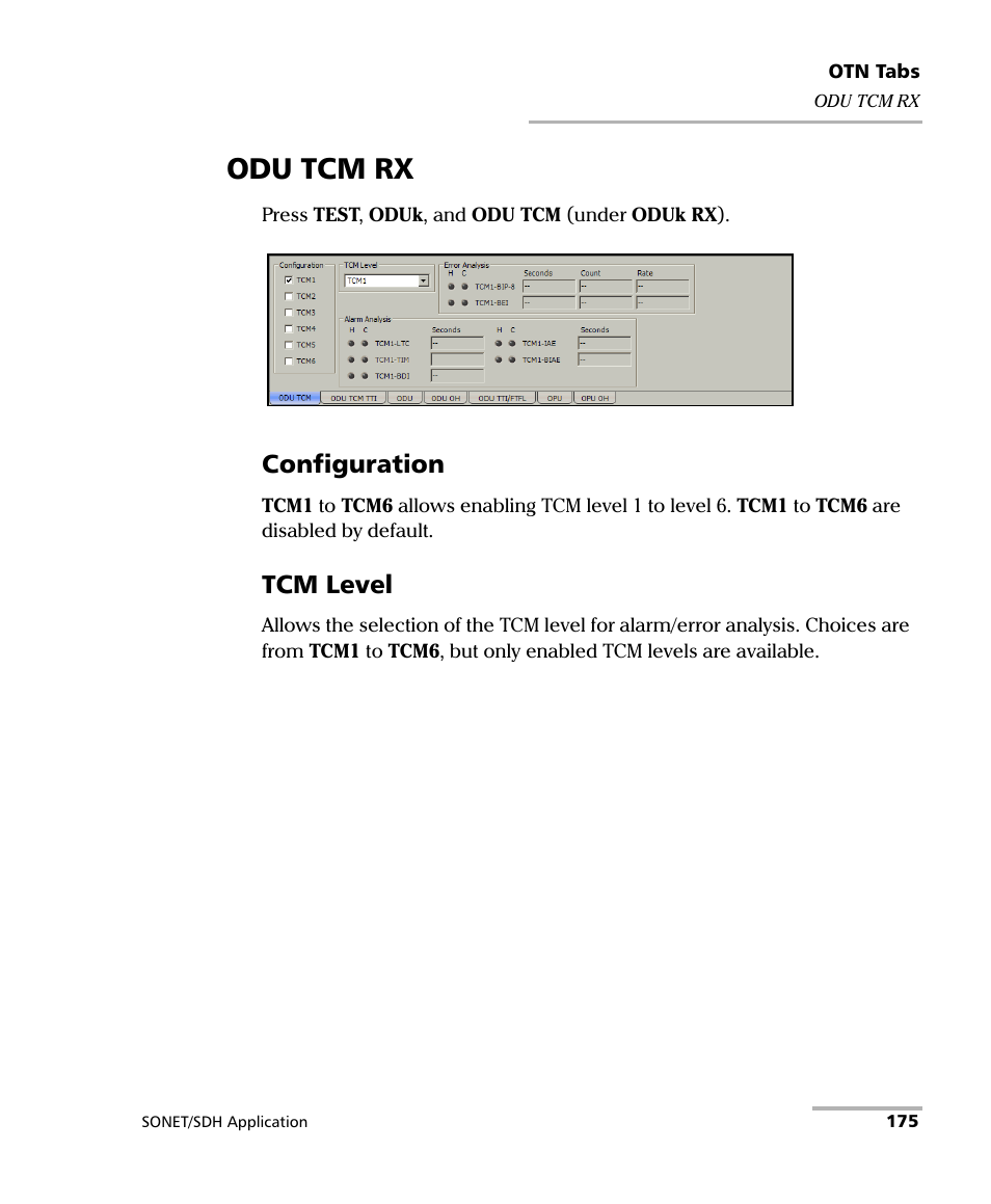 Odu tcm rx, Configuration, Tcm level | EXFO FTB-8100 Series Transport Blazer for FTB-500 User Manual | Page 189 / 719