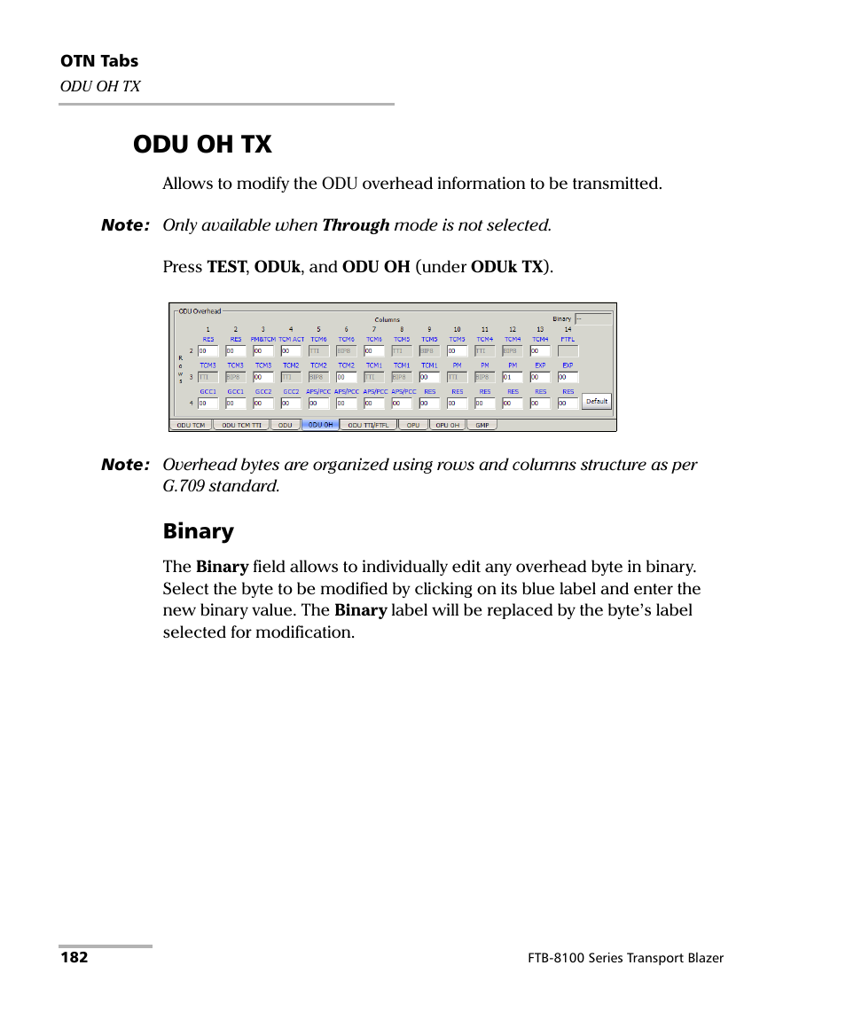 Odu oh tx, Binary | EXFO FTB-8100 Series Transport Blazer for FTB-500 User Manual | Page 196 / 719