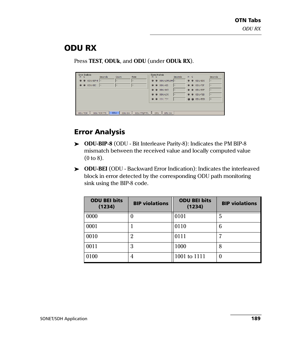 Odu rx, Error analysis | EXFO FTB-8100 Series Transport Blazer for FTB-500 User Manual | Page 203 / 719