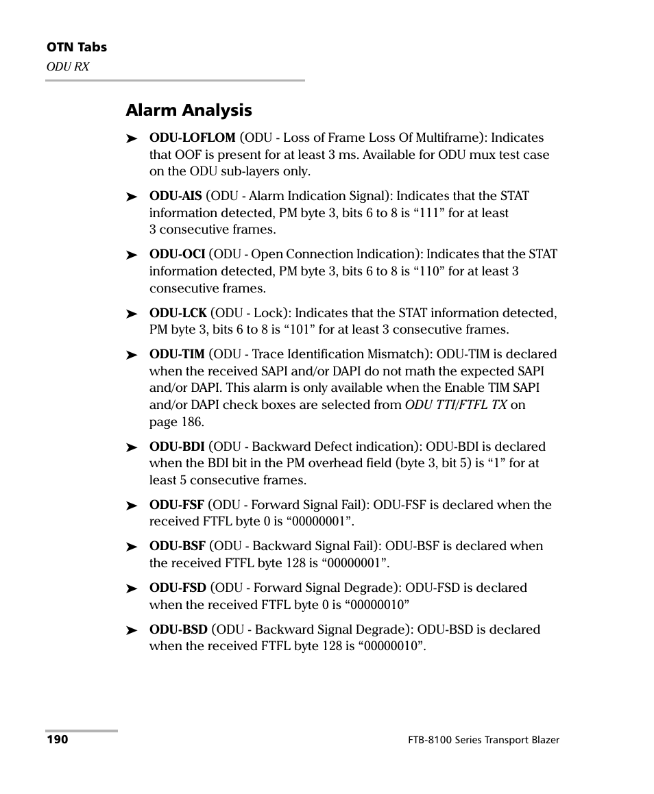 Alarm analysis | EXFO FTB-8100 Series Transport Blazer for FTB-500 User Manual | Page 204 / 719