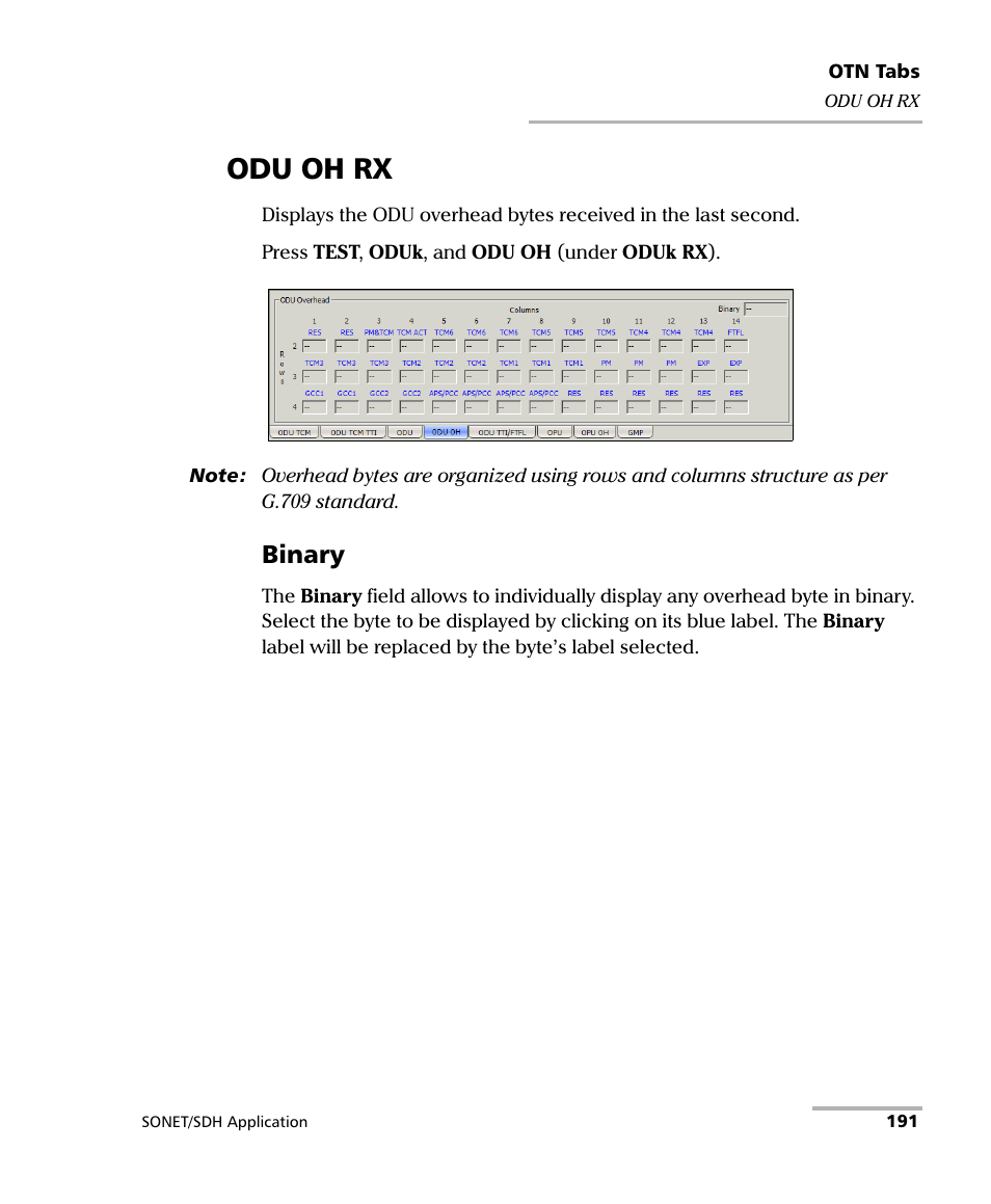 Odu oh rx, Binary | EXFO FTB-8100 Series Transport Blazer for FTB-500 User Manual | Page 205 / 719
