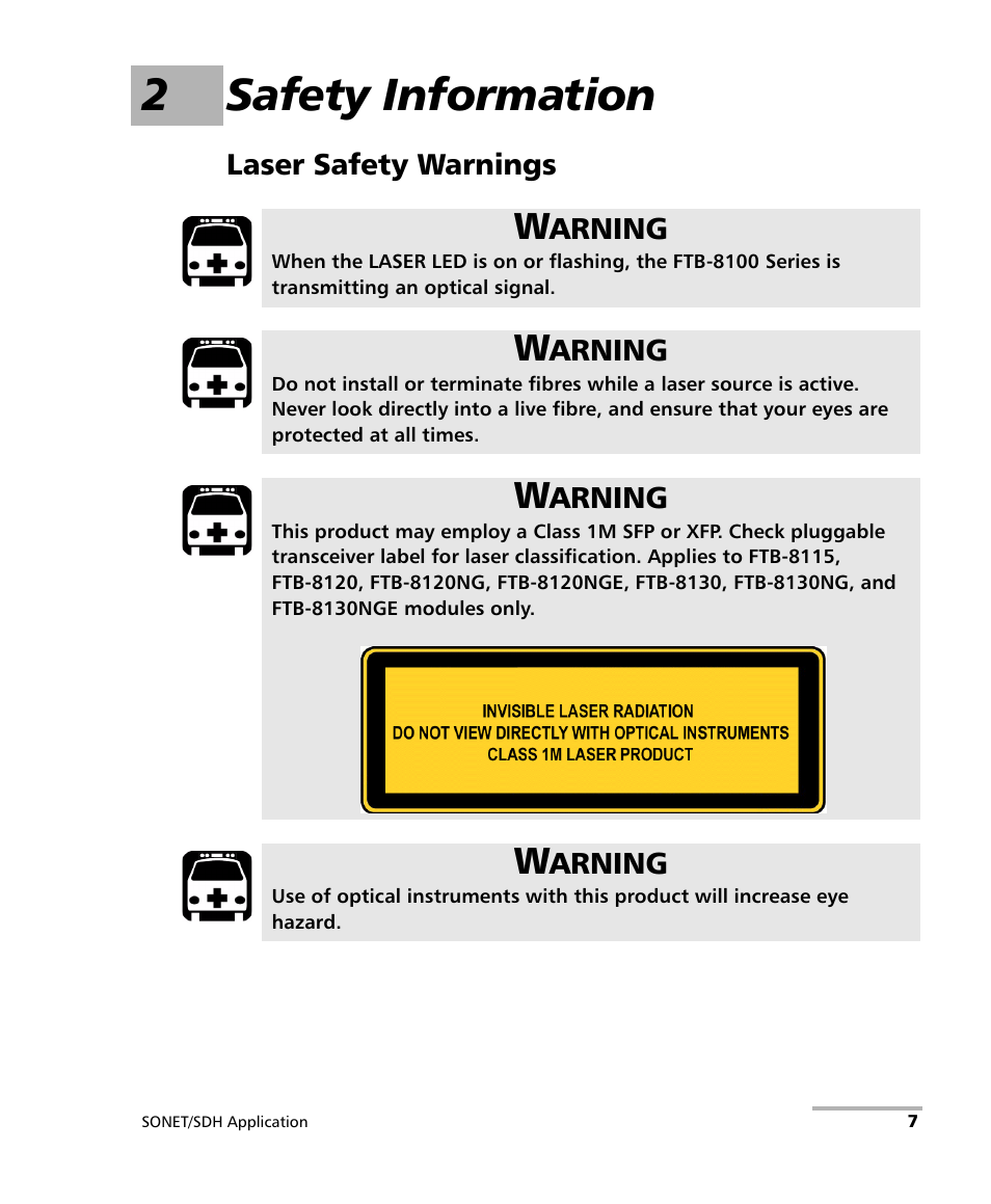 2 safety information, Laser safety warnings, 2safety information | EXFO FTB-8100 Series Transport Blazer for FTB-500 User Manual | Page 21 / 719