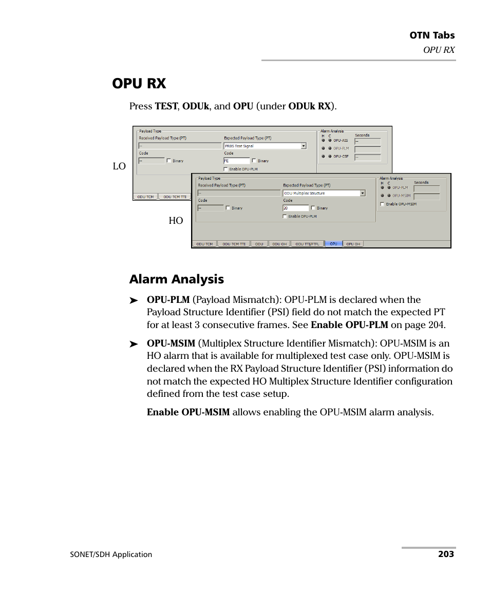 Opu rx, Alarm analysis | EXFO FTB-8100 Series Transport Blazer for FTB-500 User Manual | Page 217 / 719