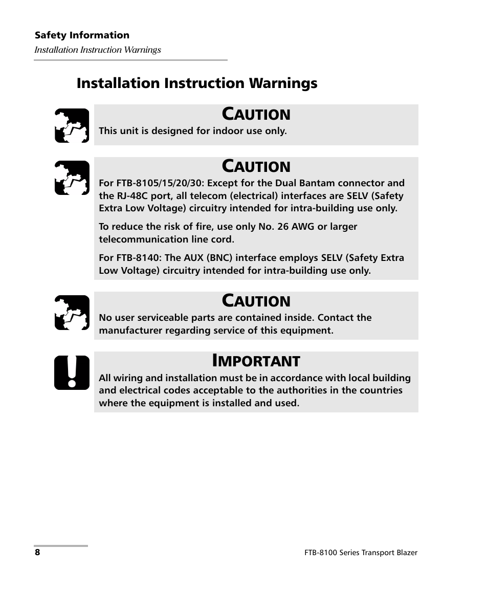 Installation instruction warnings, Aution, Mportant | EXFO FTB-8100 Series Transport Blazer for FTB-500 User Manual | Page 22 / 719