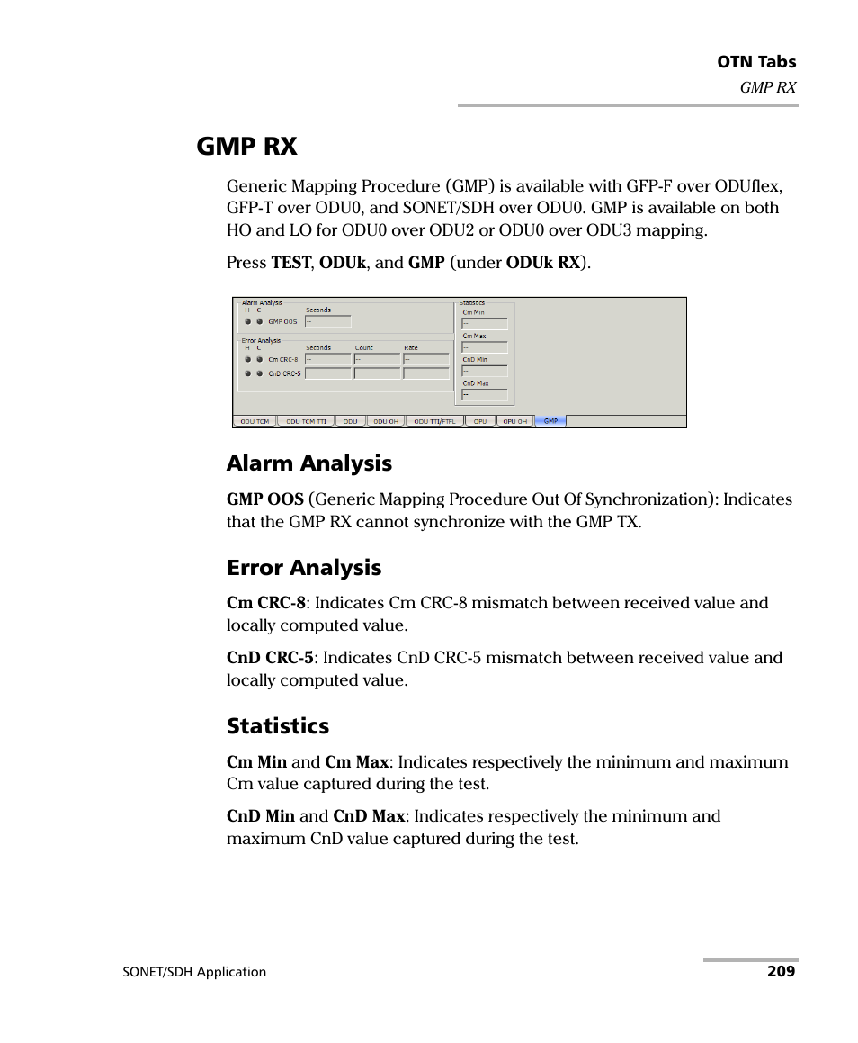 Gmp rx, Alarm analysis, Error analysis | Statistics | EXFO FTB-8100 Series Transport Blazer for FTB-500 User Manual | Page 223 / 719