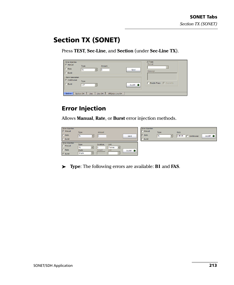 Section tx (sonet), Error injection | EXFO FTB-8100 Series Transport Blazer for FTB-500 User Manual | Page 227 / 719