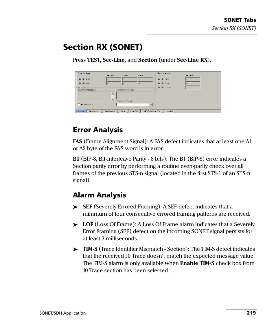 Section rx (sonet), Error analysis, Alarm analysis | EXFO FTB-8100 Series Transport Blazer for FTB-500 User Manual | Page 233 / 719