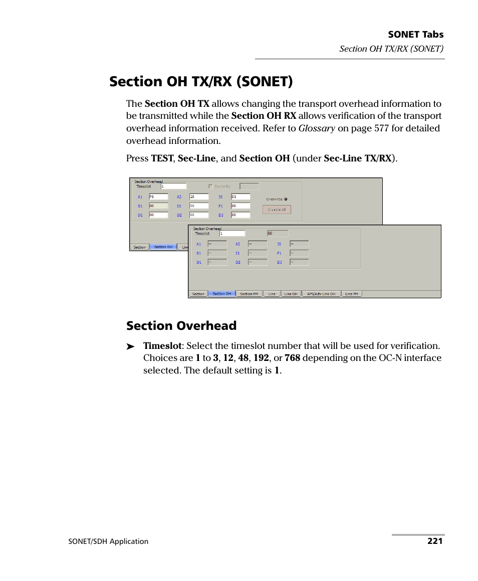 Section oh tx/rx (sonet) | EXFO FTB-8100 Series Transport Blazer for FTB-500 User Manual | Page 235 / 719