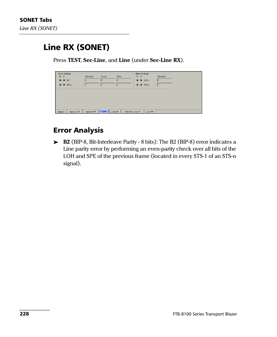 Line rx (sonet), Error analysis | EXFO FTB-8100 Series Transport Blazer for FTB-500 User Manual | Page 242 / 719