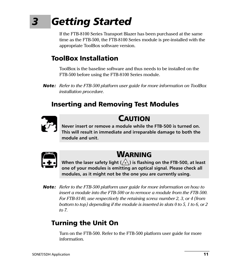 3 getting started, Toolbox installation, Inserting and removing test modules | Turning the unit on, 3getting started, Aution, Arning | EXFO FTB-8100 Series Transport Blazer for FTB-500 User Manual | Page 25 / 719