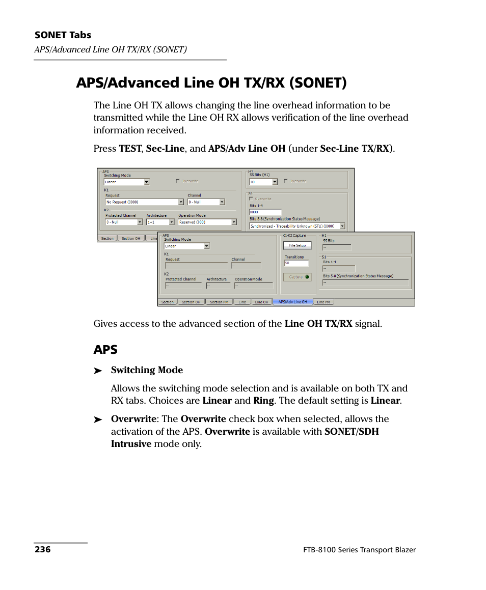 Aps/advanced line oh tx/rx (sonet) | EXFO FTB-8100 Series Transport Blazer for FTB-500 User Manual | Page 250 / 719