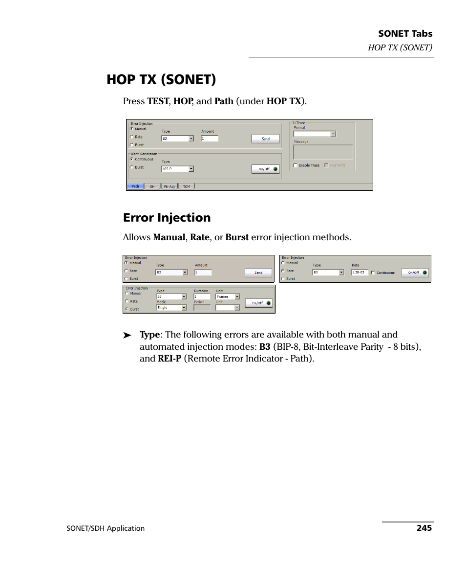 Hop tx (sonet), Error injection | EXFO FTB-8100 Series Transport Blazer for FTB-500 User Manual | Page 259 / 719