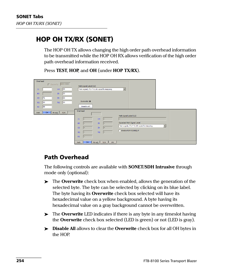 Hop oh tx/rx (sonet), Path overhead | EXFO FTB-8100 Series Transport Blazer for FTB-500 User Manual | Page 268 / 719