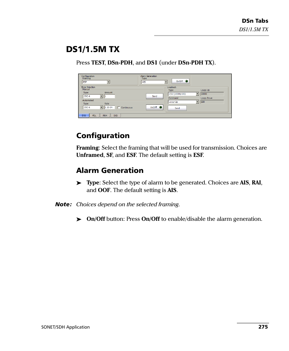 Ds1/1.5m tx, Configuration, Alarm generation | EXFO FTB-8100 Series Transport Blazer for FTB-500 User Manual | Page 289 / 719