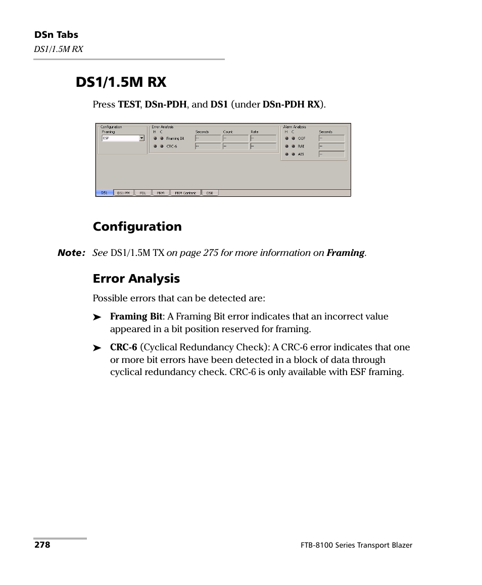 Ds1/1.5m rx, Configuration, Error analysis | EXFO FTB-8100 Series Transport Blazer for FTB-500 User Manual | Page 292 / 719