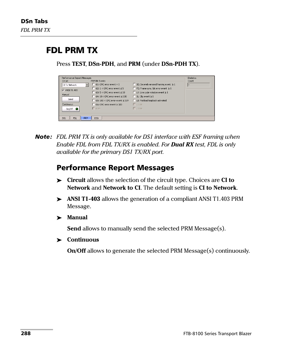 Fdl prm tx, Performance report messages | EXFO FTB-8100 Series Transport Blazer for FTB-500 User Manual | Page 302 / 719