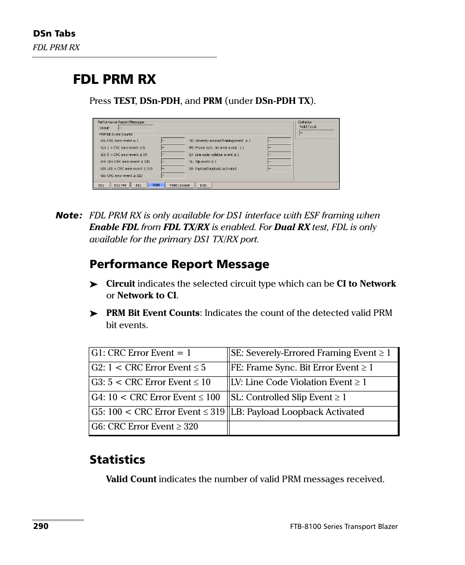 Fdl prm rx, Performance report message, Statistics | EXFO FTB-8100 Series Transport Blazer for FTB-500 User Manual | Page 304 / 719