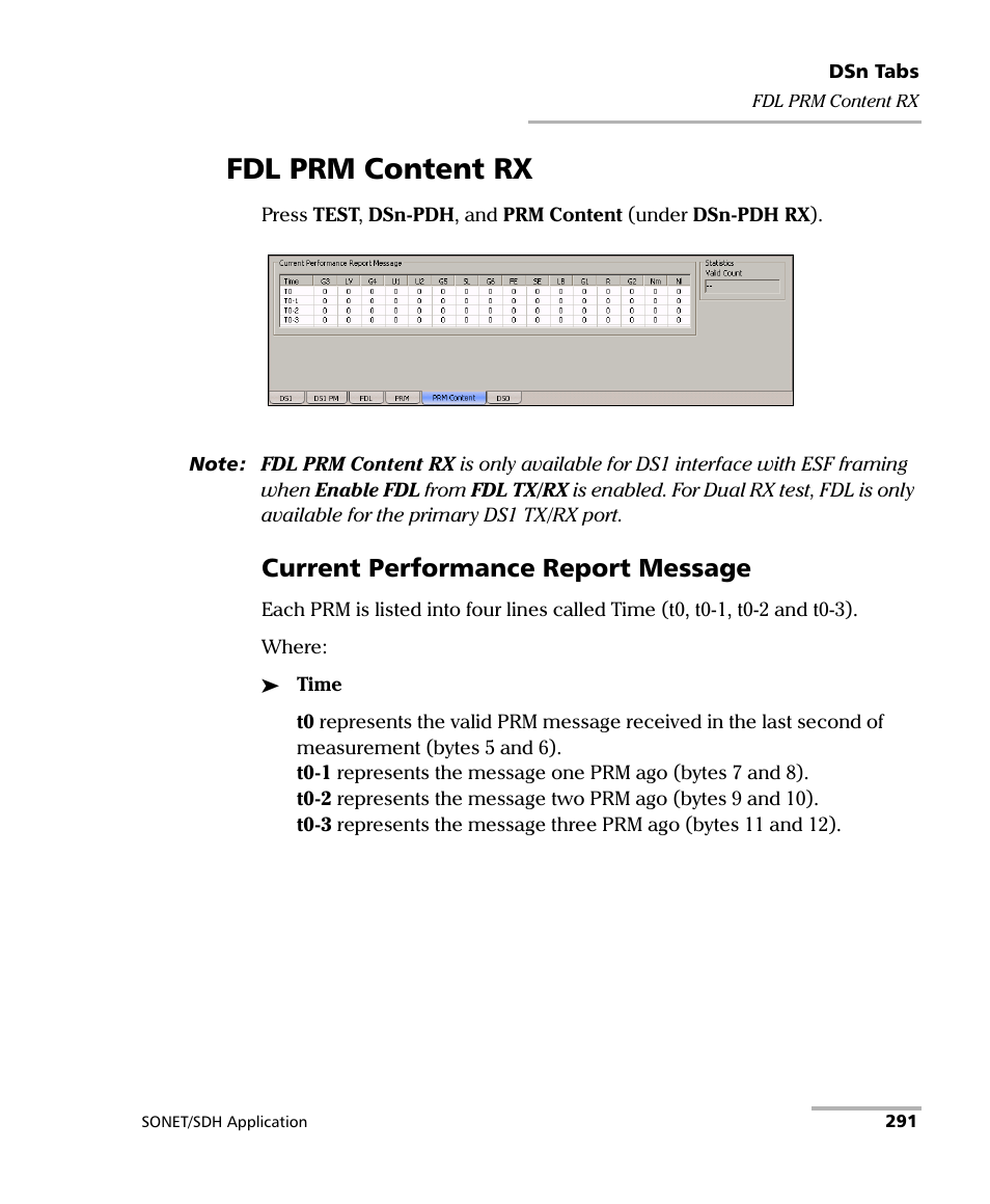 Fdl prm content rx, Current performance report message | EXFO FTB-8100 Series Transport Blazer for FTB-500 User Manual | Page 305 / 719